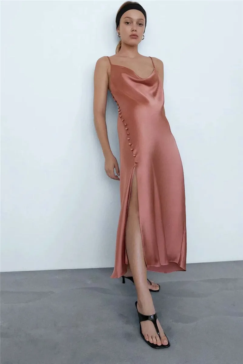 Sling Backless Silk Satin Slit Leg Midi Dresses Black