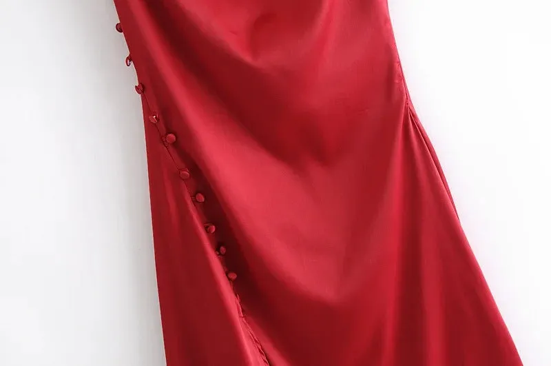 Sling Backless Silk Satin Slit Leg Midi Dresses Black