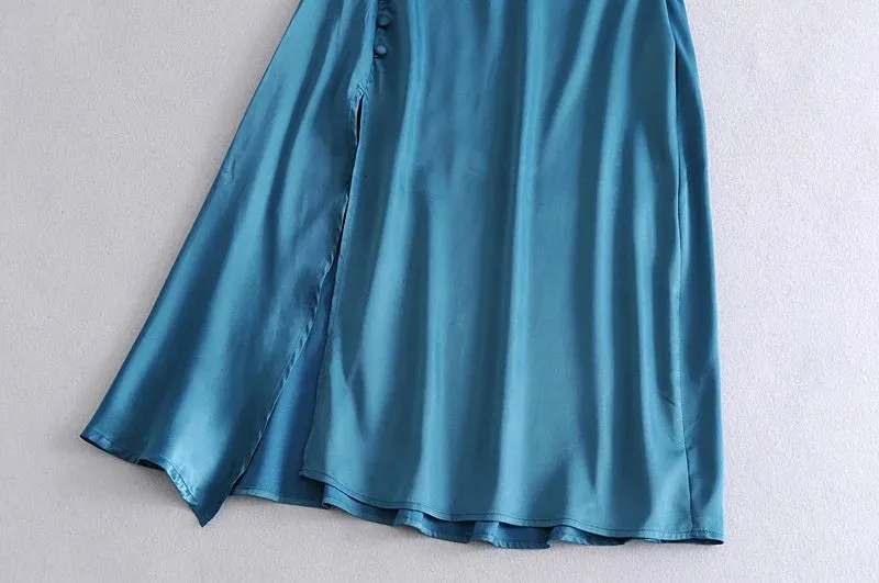 Sling Backless Silk Satin Slit Leg Midi Dresses Black