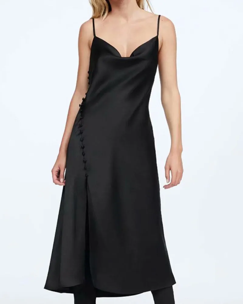 Sling Backless Silk Satin Slit Leg Midi Dresses Black