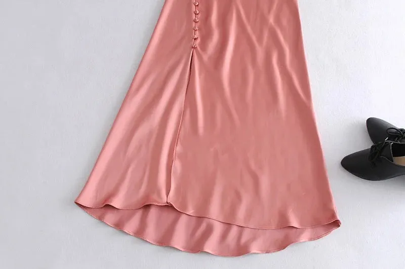 Sling Backless Silk Satin Slit Leg Midi Dresses Black