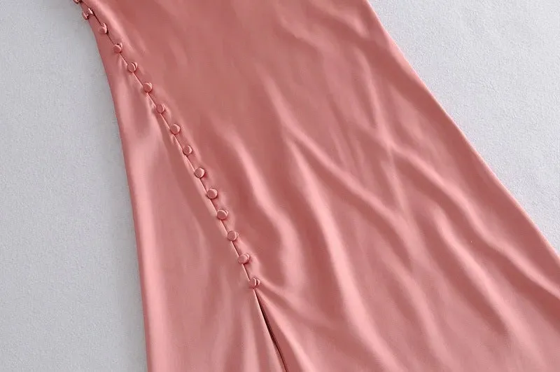 Sling Backless Silk Satin Slit Leg Midi Dresses Black