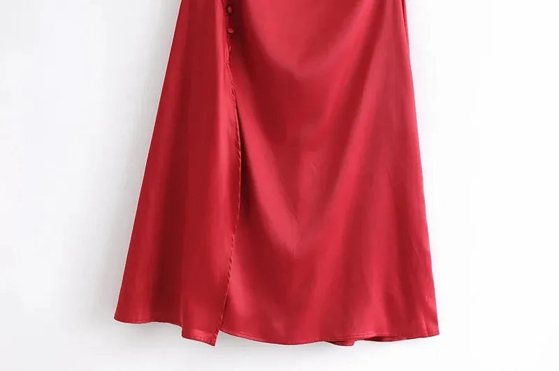 Sling Backless Silk Satin Slit Leg Midi Dresses Black