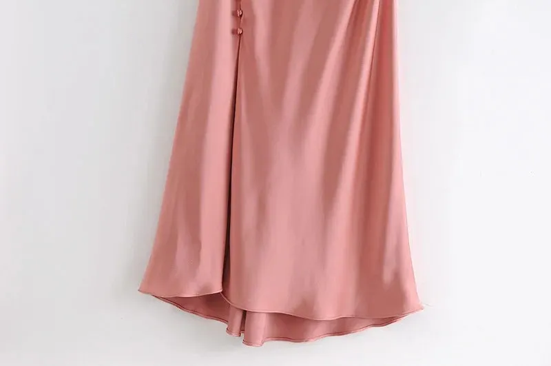 Sling Backless Silk Satin Slit Leg Midi Dresses Black