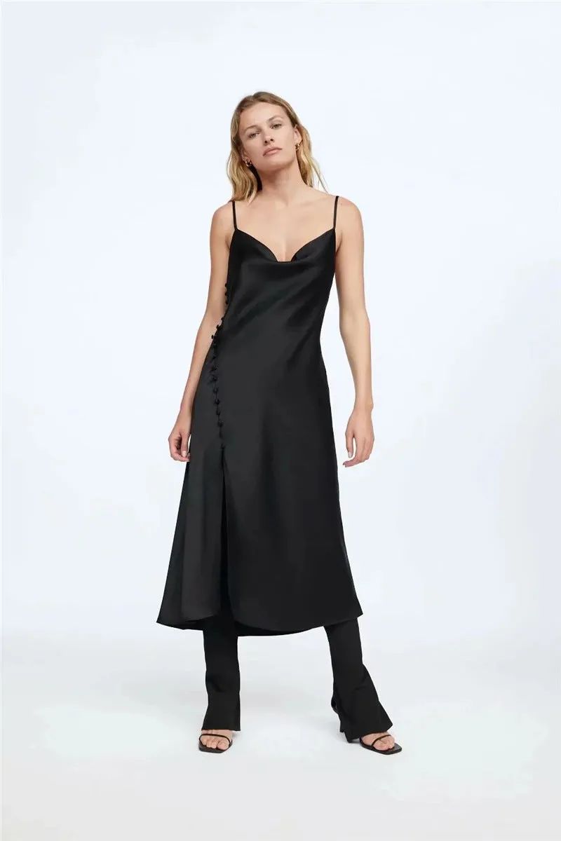 Sling Backless Silk Satin Slit Leg Midi Dresses Black