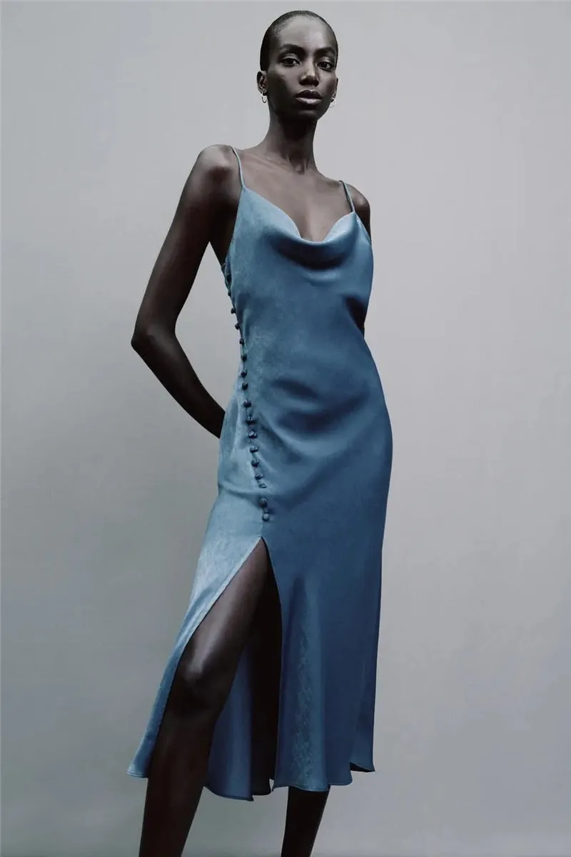Sling Backless Silk Satin Slit Leg Midi Dresses Black