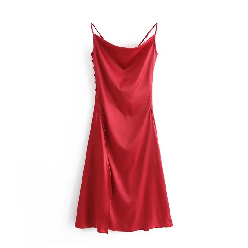 Sling Backless Silk Satin Slit Leg Midi Dresses Black