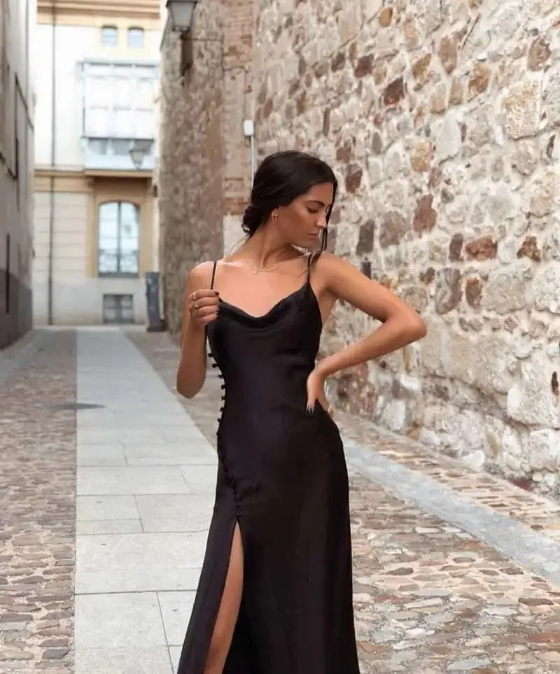 Sling Backless Silk Satin Slit Leg Midi Dresses Black