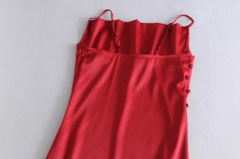 Sling Backless Silk Satin Slit Leg Midi Dresses Black