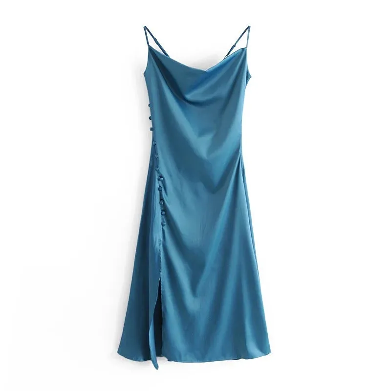 Sling Backless Silk Satin Slit Leg Midi Dresses Black