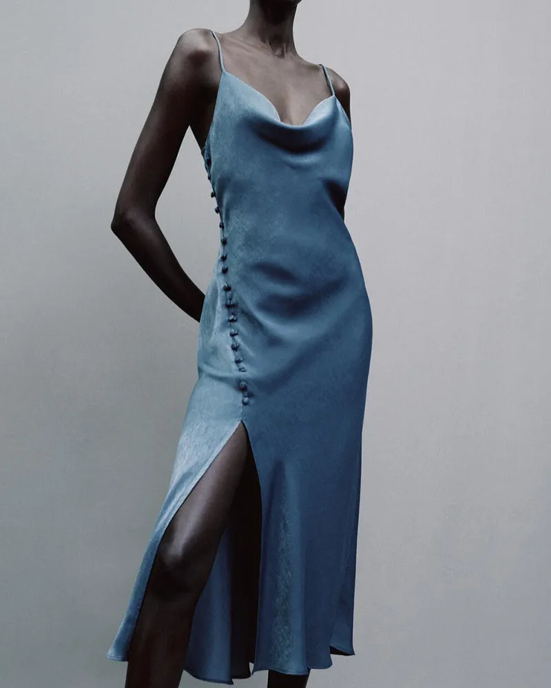 Sling Backless Silk Satin Slit Leg Midi Dresses Black