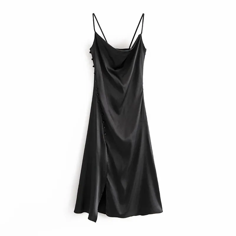 Sling Backless Silk Satin Slit Leg Midi Dresses Black