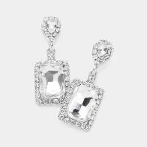 Small Clear Square Stone and Rhinestone Edged Dangle Pageant Earrings on Silver| Interview Earrings |  622238