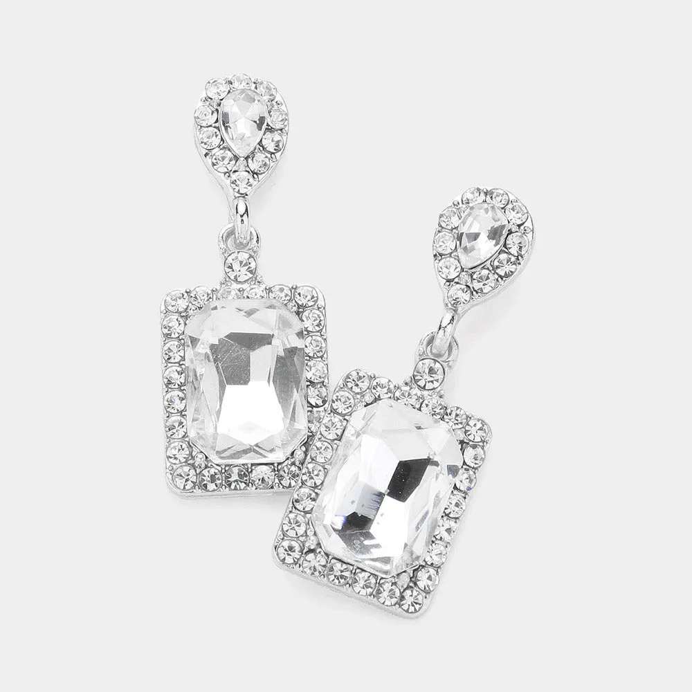 Small Clear Square Stone and Rhinestone Edged Dangle Pageant Earrings on Silver| Interview Earrings |  622238