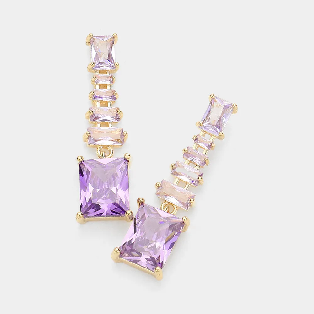 Small Dangle CZ Emerald Cut Violet Stone Pageant Earrings  | Interview Earrings |  623037