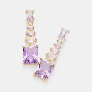 Small Dangle CZ Emerald Cut Violet Stone Pageant Earrings  | Interview Earrings |  623037