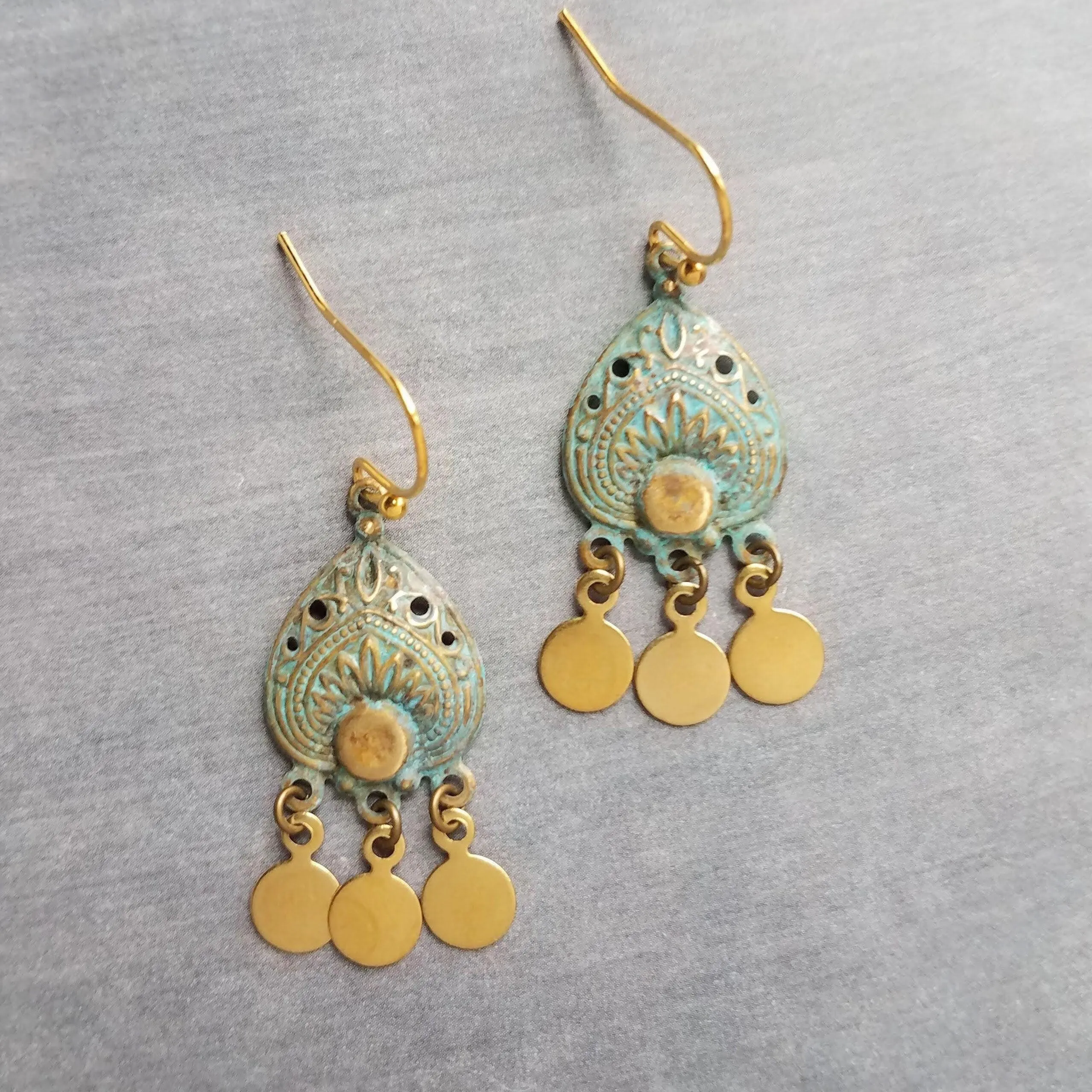 Small Turquoise Gold Earrings, small chandelier earring, little chandelier earring blue green patina teardrop Boho earring gold dangle disks