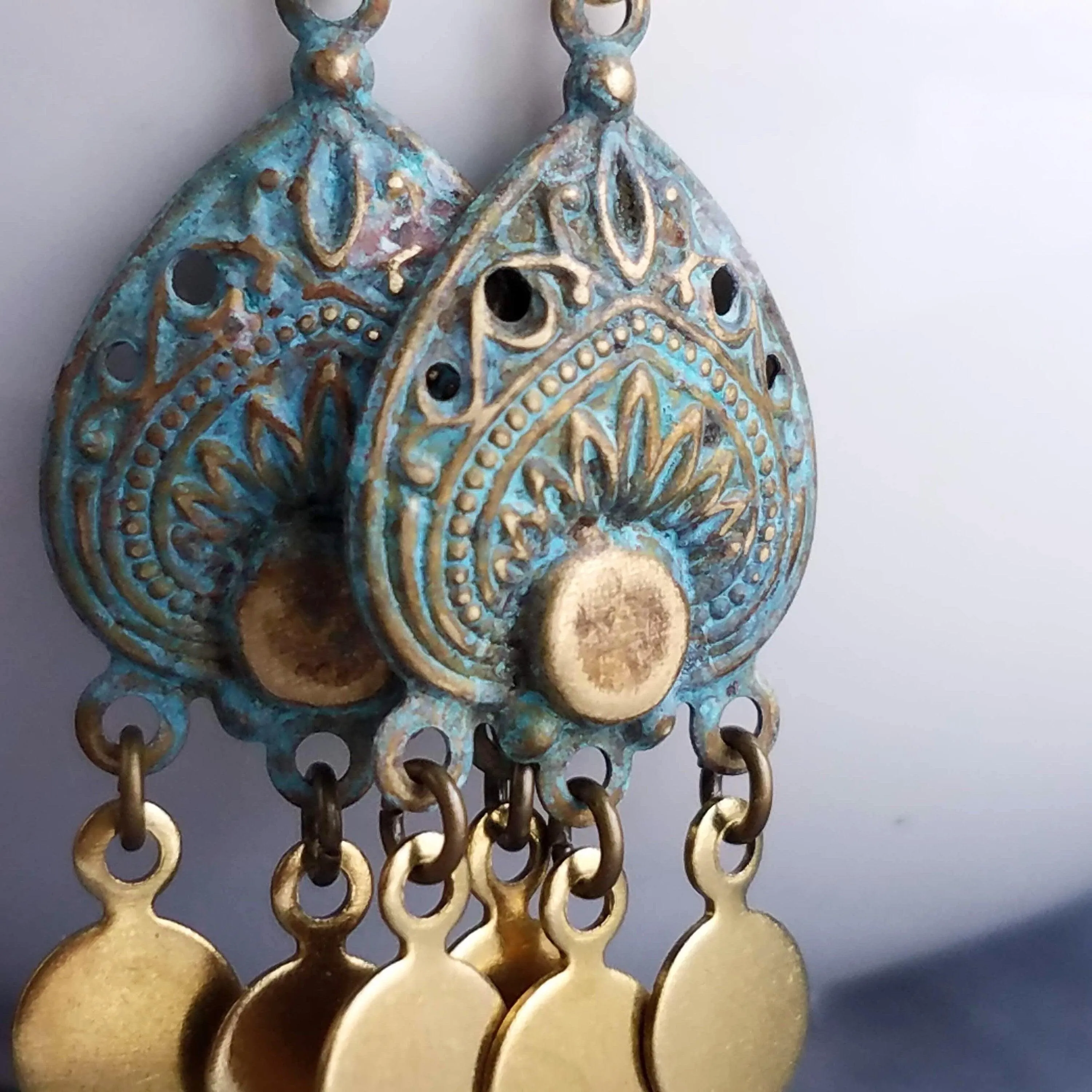 Small Turquoise Gold Earrings, small chandelier earring, little chandelier earring blue green patina teardrop Boho earring gold dangle disks