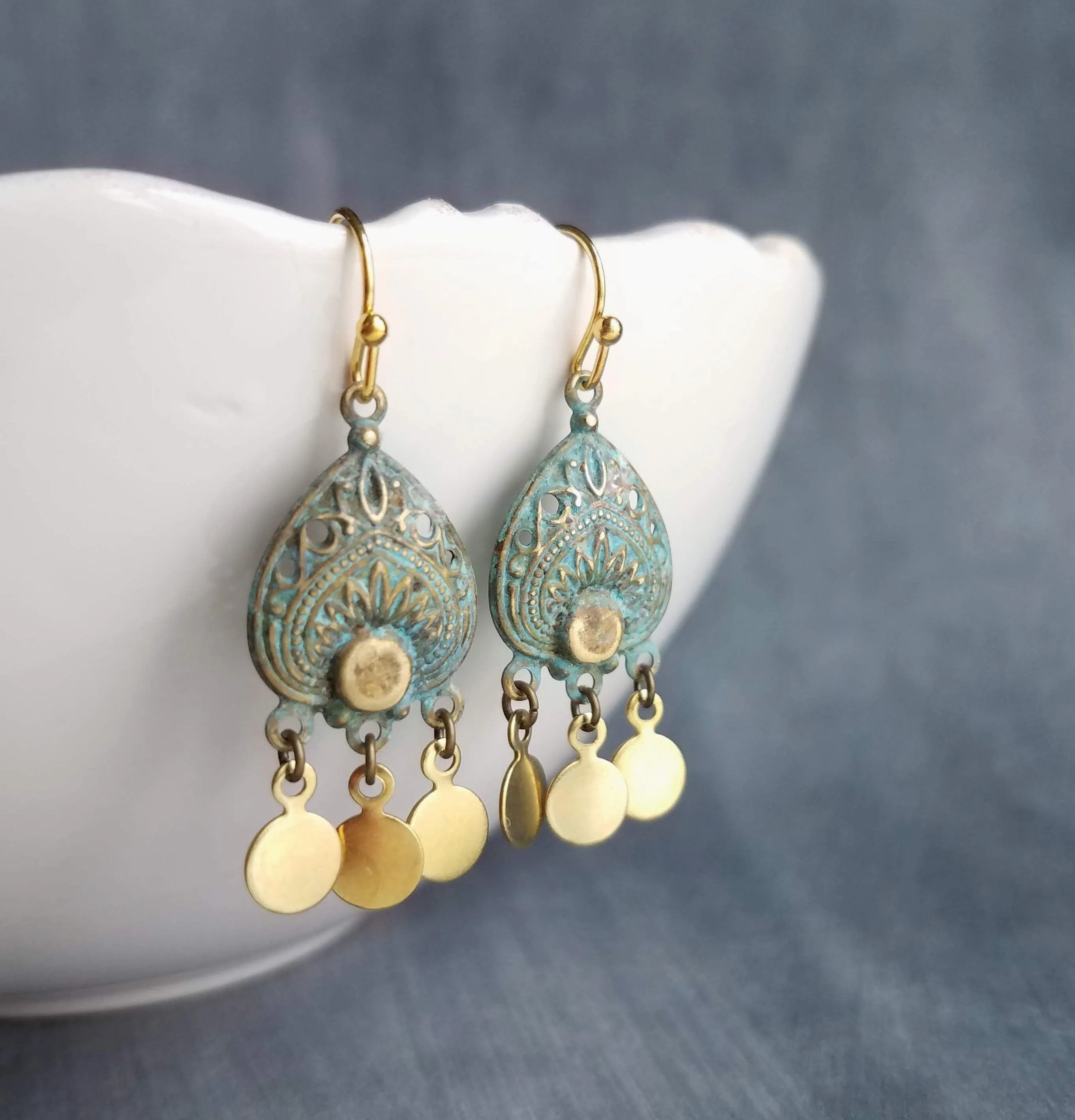 Small Turquoise Gold Earrings, small chandelier earring, little chandelier earring blue green patina teardrop Boho earring gold dangle disks