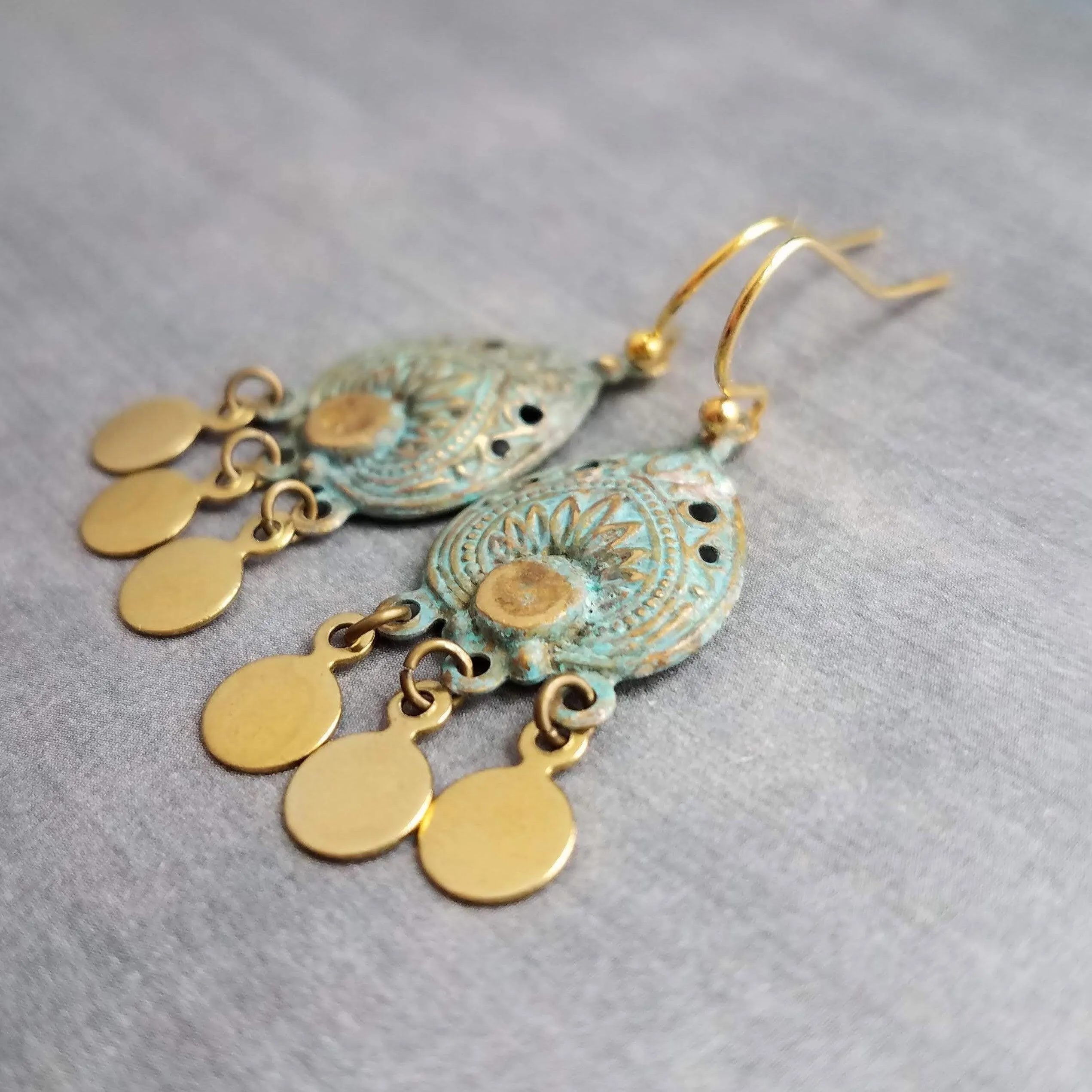 Small Turquoise Gold Earrings, small chandelier earring, little chandelier earring blue green patina teardrop Boho earring gold dangle disks