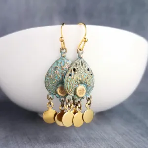 Small Turquoise Gold Earrings, small chandelier earring, little chandelier earring blue green patina teardrop Boho earring gold dangle disks