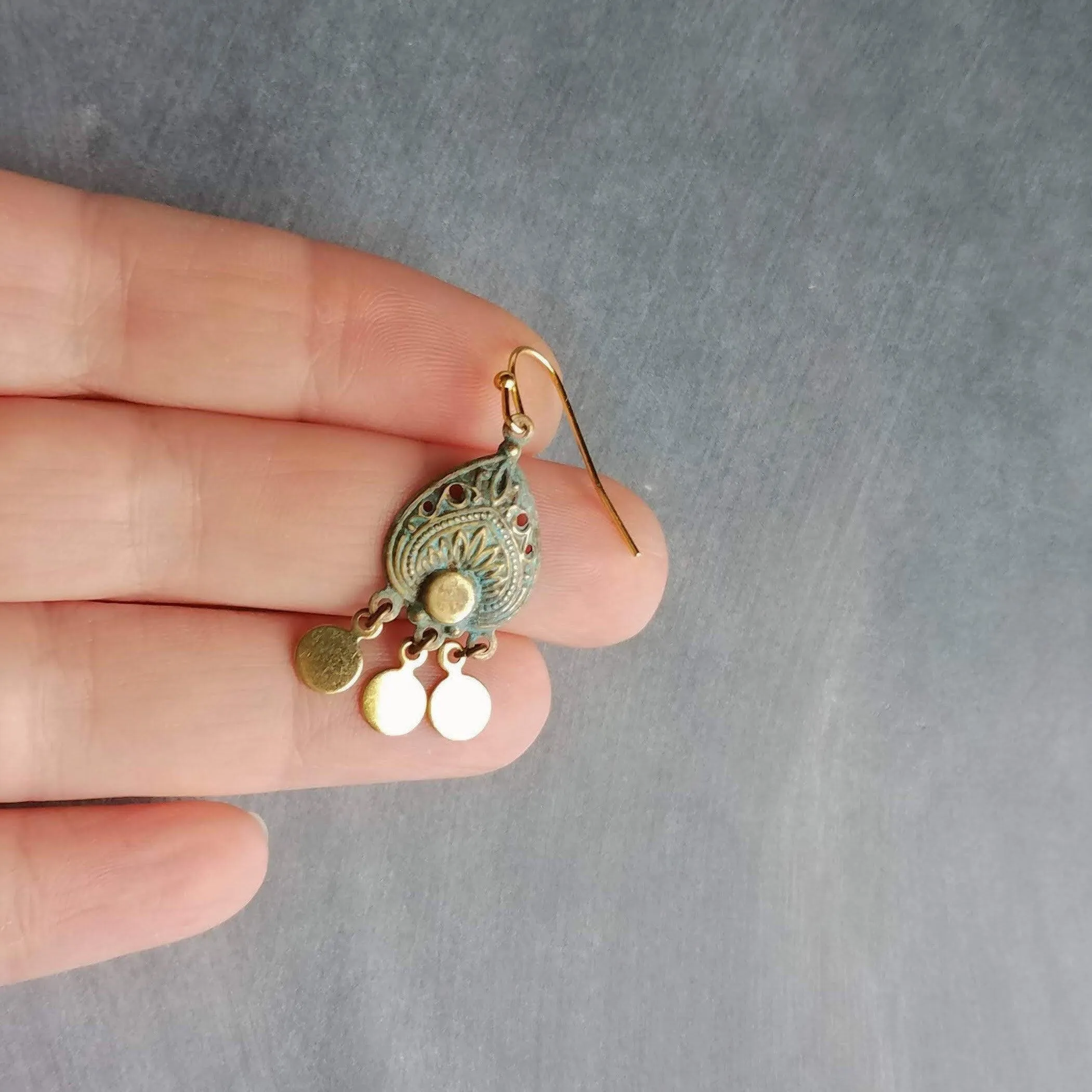 Small Turquoise Gold Earrings, small chandelier earring, little chandelier earring blue green patina teardrop Boho earring gold dangle disks
