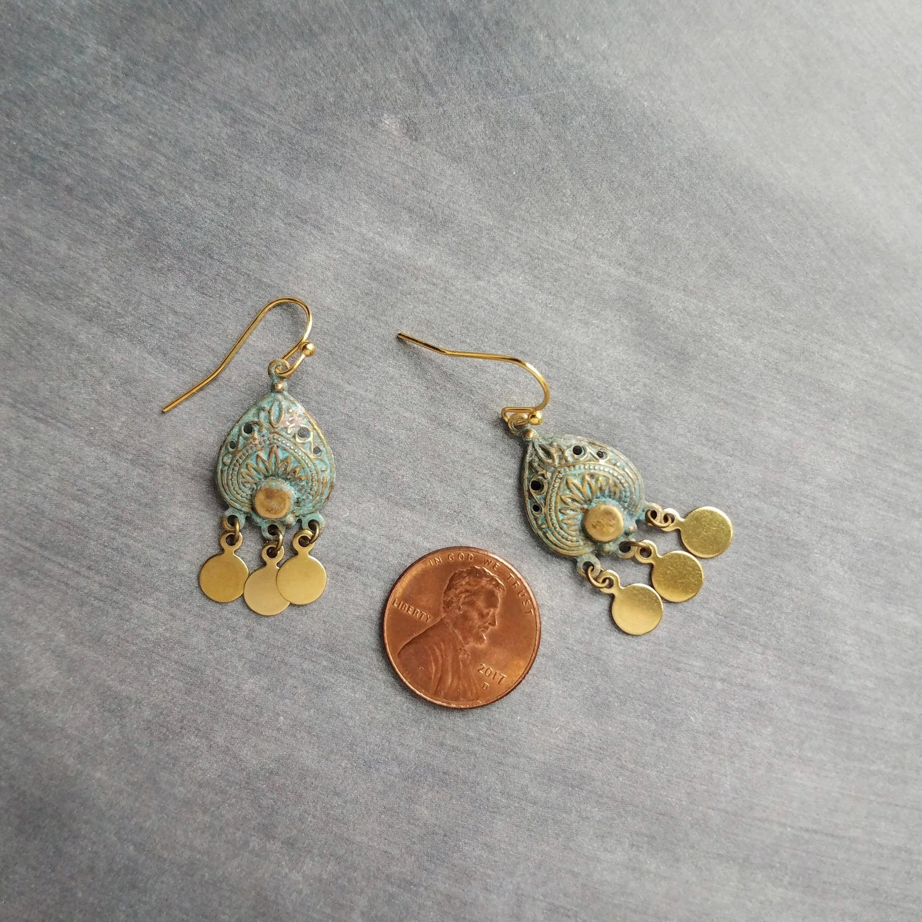 Small Turquoise Gold Earrings, small chandelier earring, little chandelier earring blue green patina teardrop Boho earring gold dangle disks