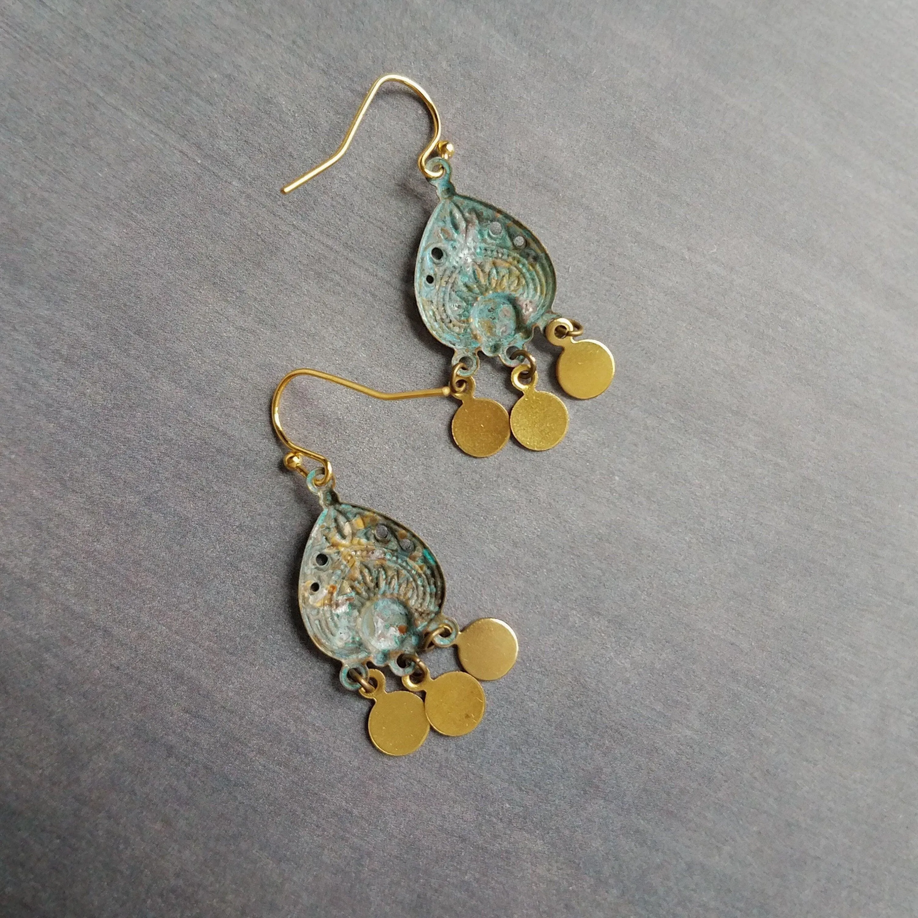 Small Turquoise Gold Earrings, small chandelier earring, little chandelier earring blue green patina teardrop Boho earring gold dangle disks