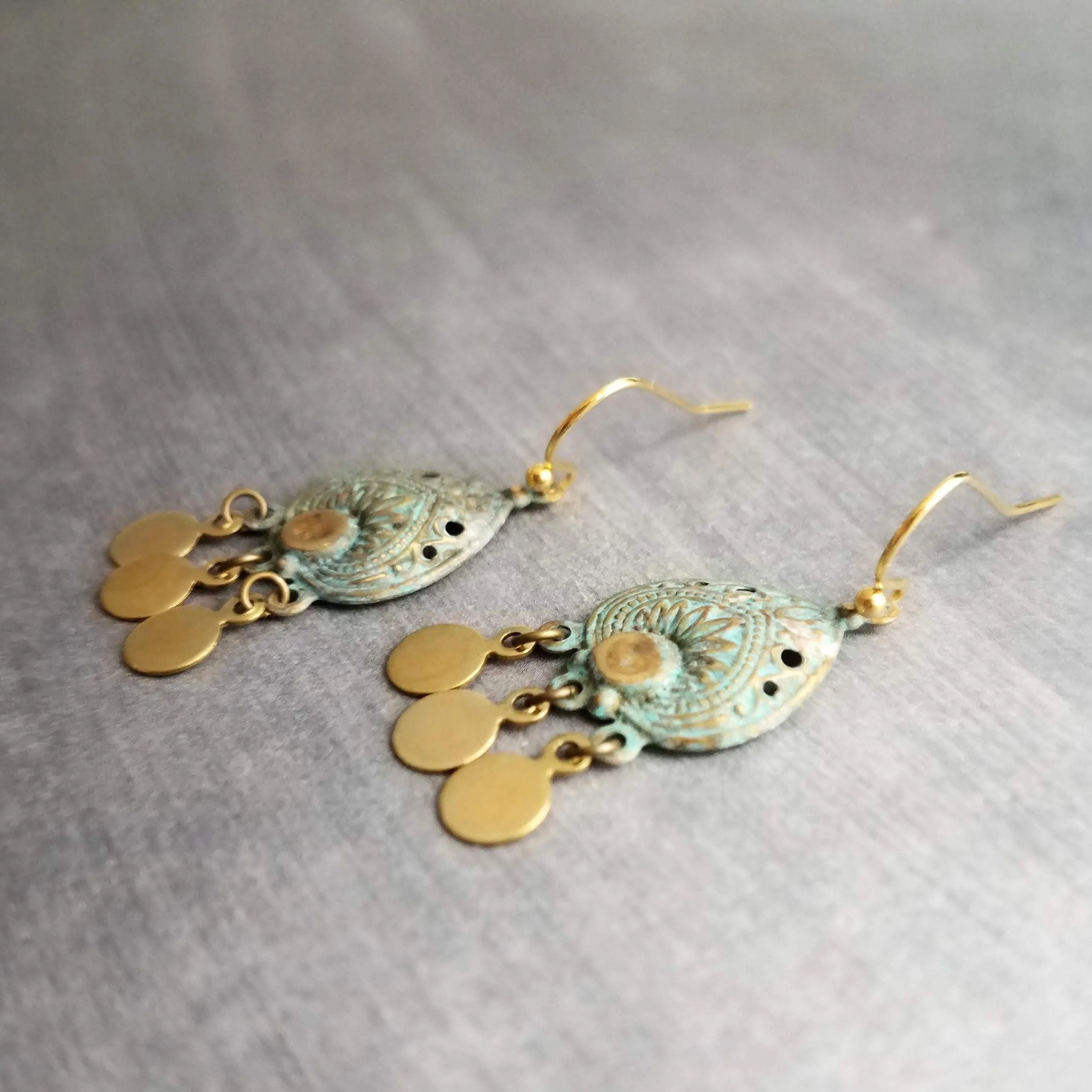 Small Turquoise Gold Earrings, small chandelier earring, little chandelier earring blue green patina teardrop Boho earring gold dangle disks
