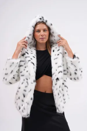 Snow Leopard Hooded Faux Fur Coat – White