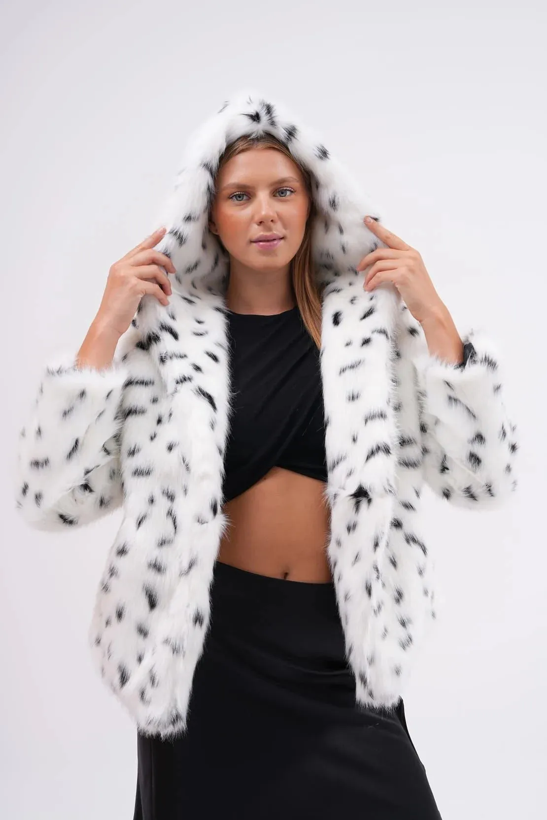 Snow Leopard Hooded Faux Fur Coat – White