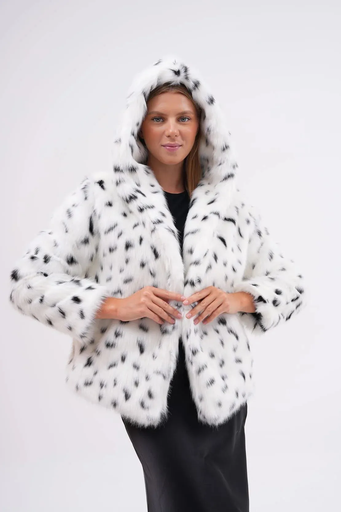 Snow Leopard Hooded Faux Fur Coat – White