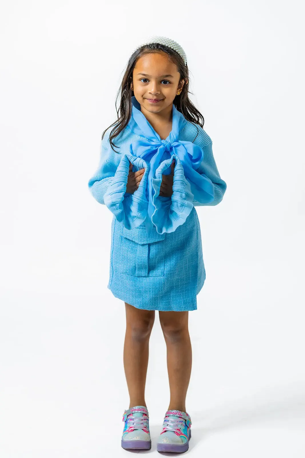 Soft Blue Boucle Skirt for Girls with Plaid Pattern