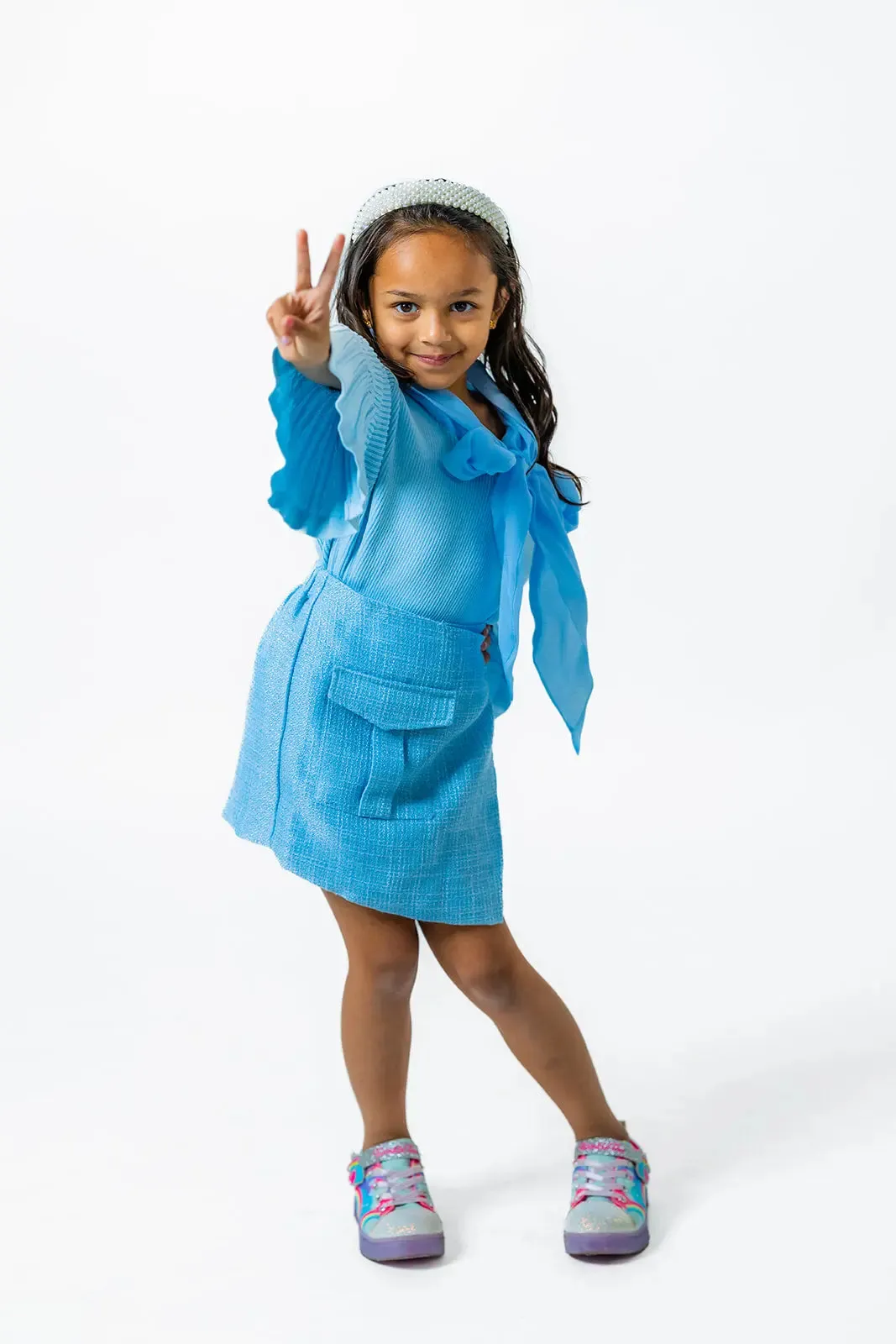Soft Blue Boucle Skirt for Girls with Plaid Pattern