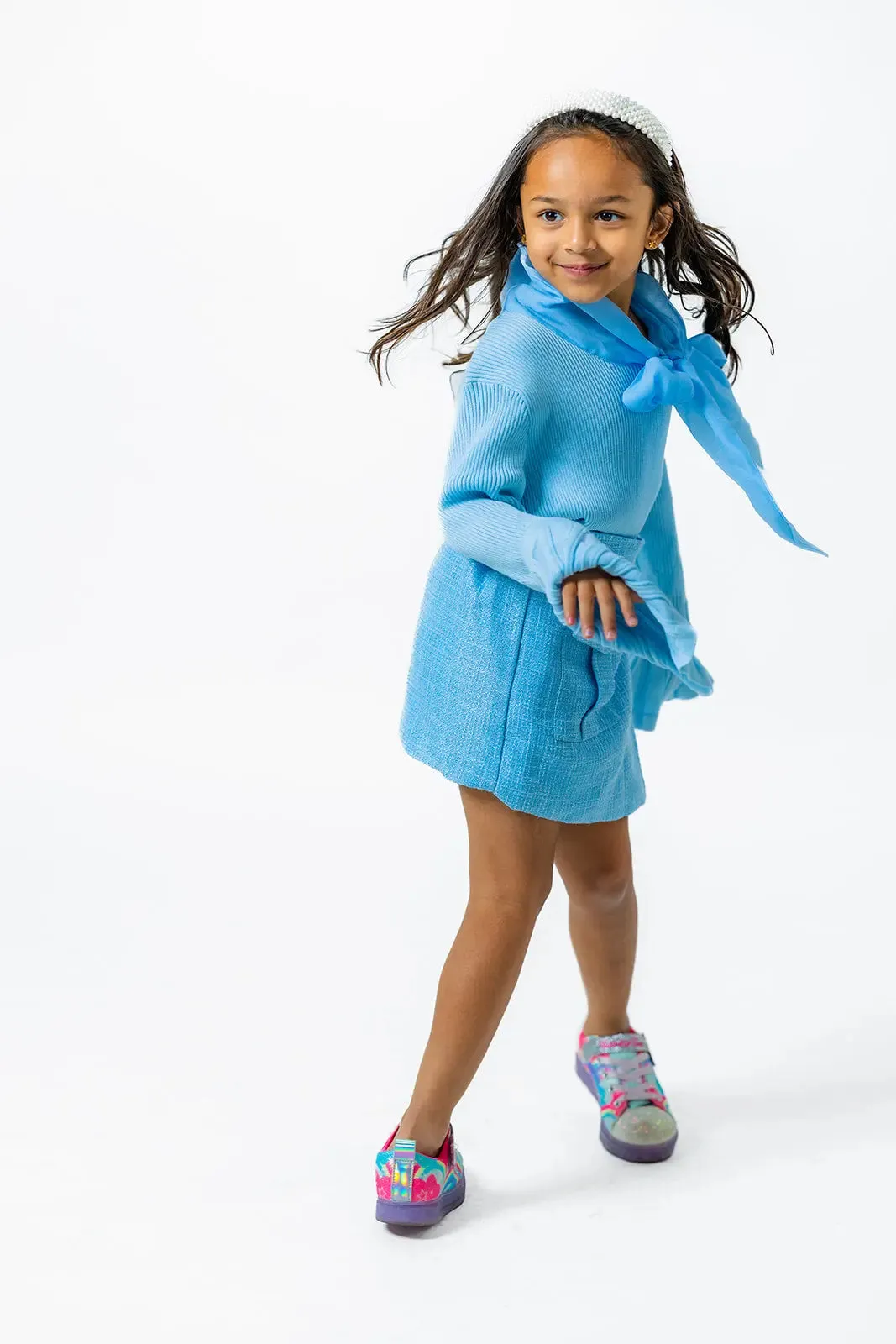 Soft Blue Boucle Skirt for Girls with Plaid Pattern