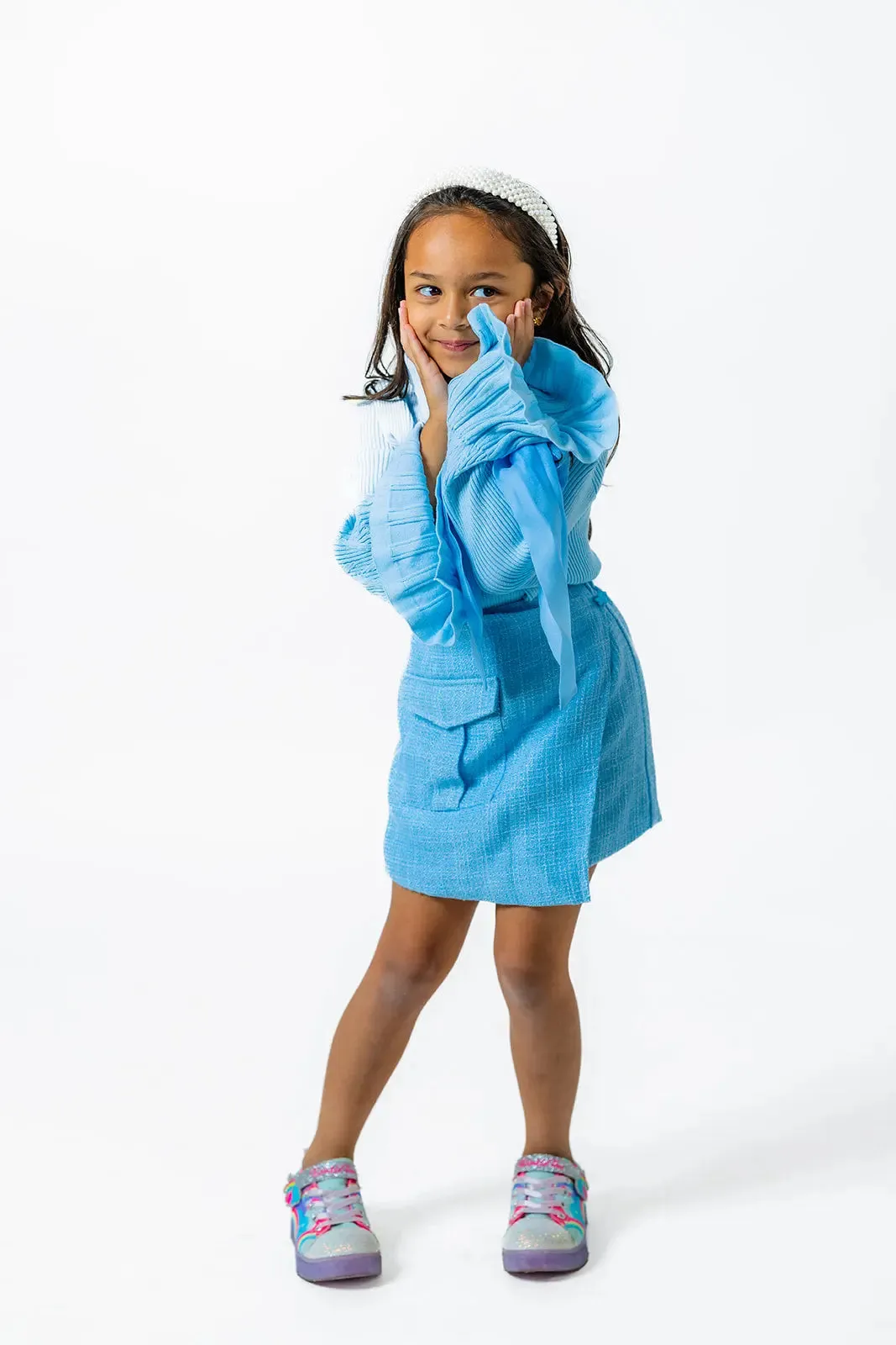 Soft Blue Boucle Skirt for Girls with Plaid Pattern