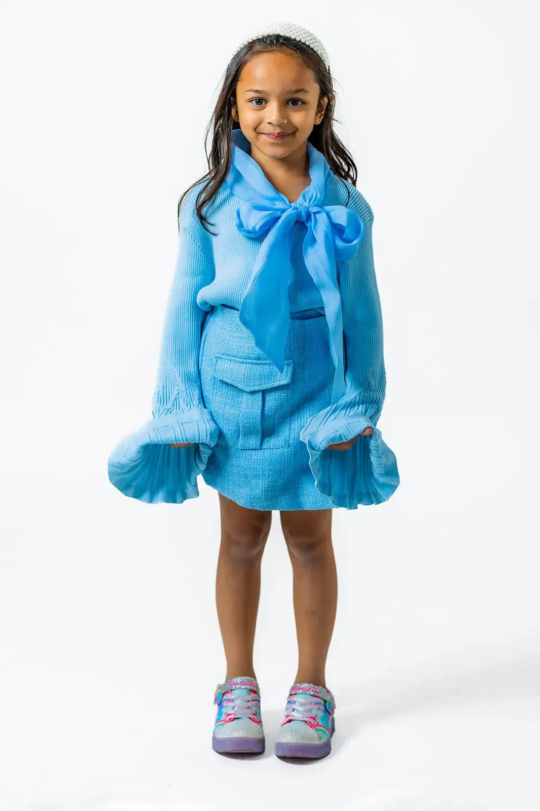 Soft Blue Boucle Skirt for Girls with Plaid Pattern
