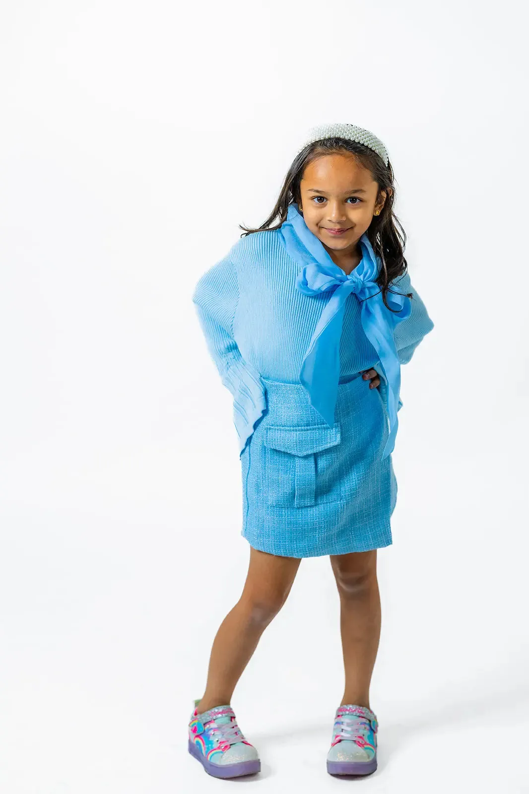 Soft Blue Boucle Skirt for Girls with Plaid Pattern