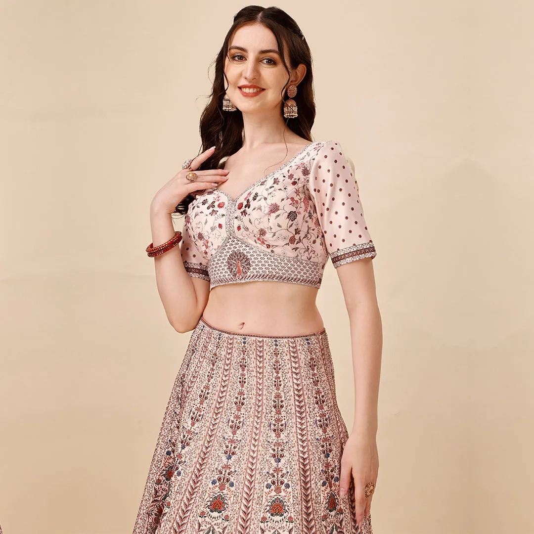 Soft Cream and Maroon Embroidered Lehenga Set