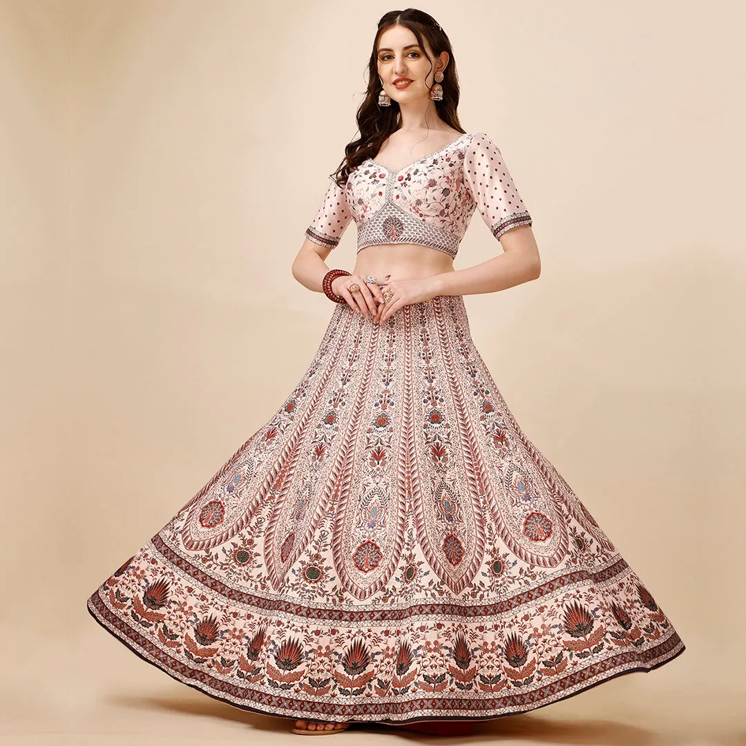 Soft Cream and Maroon Embroidered Lehenga Set