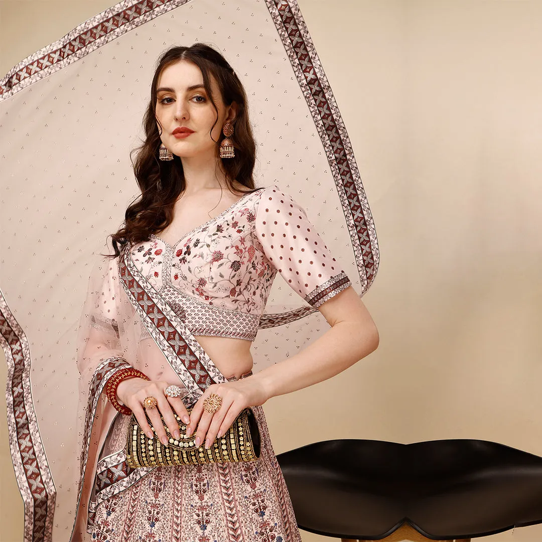Soft Cream and Maroon Embroidered Lehenga Set