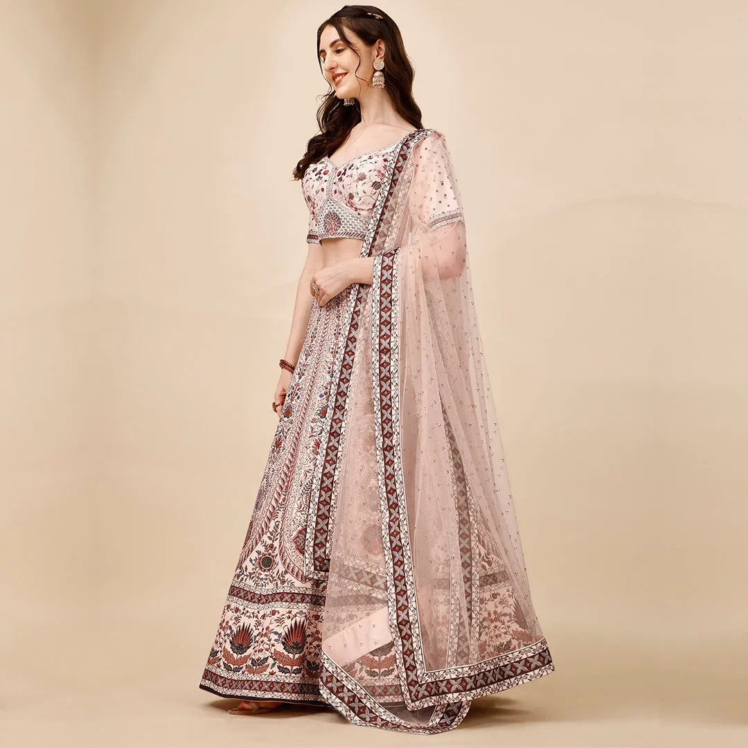 Soft Cream and Maroon Embroidered Lehenga Set