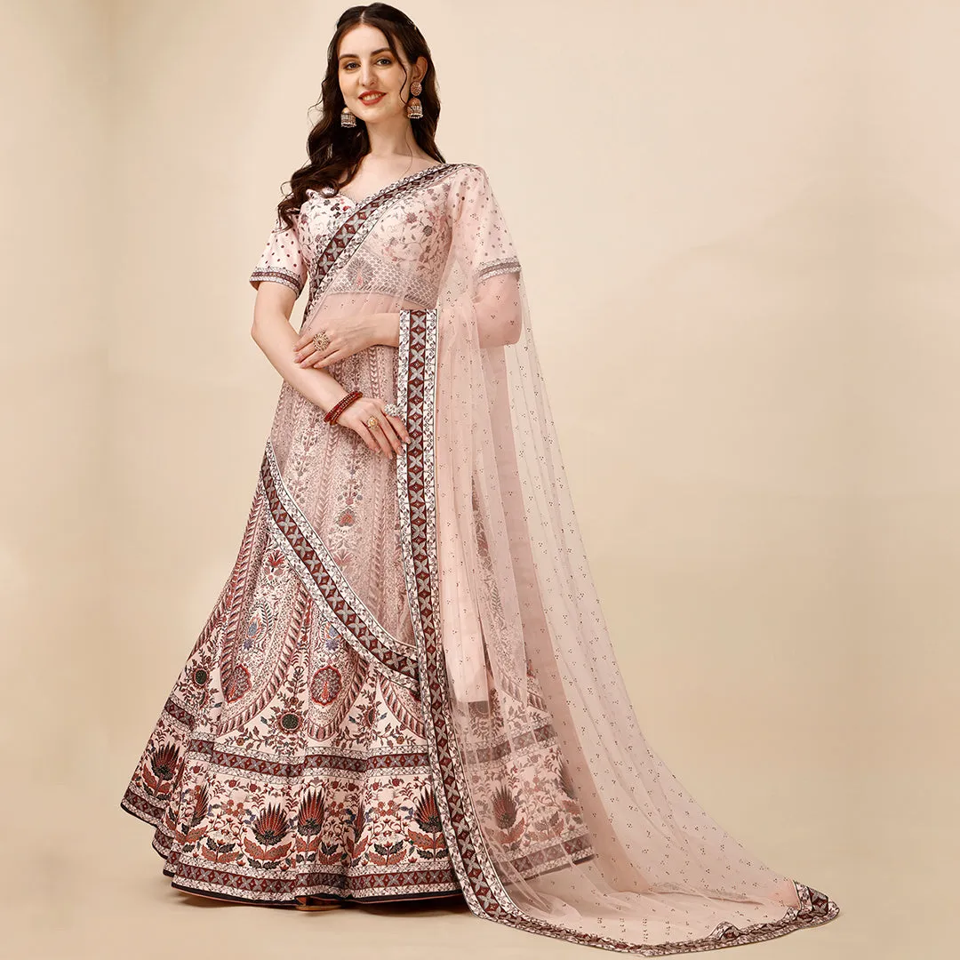 Soft Cream and Maroon Embroidered Lehenga Set
