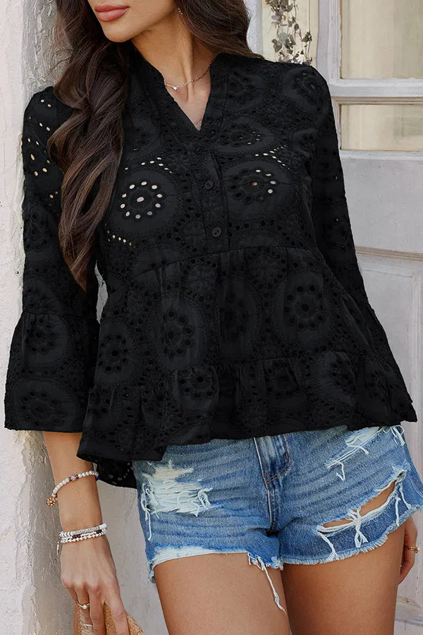 Solid Color Casual Resort Style Hollow V-neck Shirt