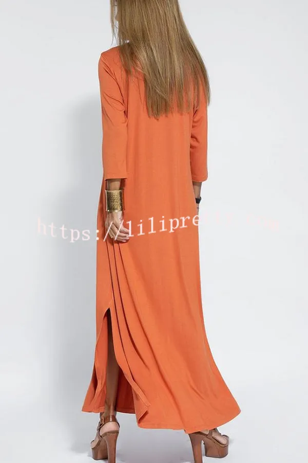 Solid Color V-neck Casual Slit Maxi Dress