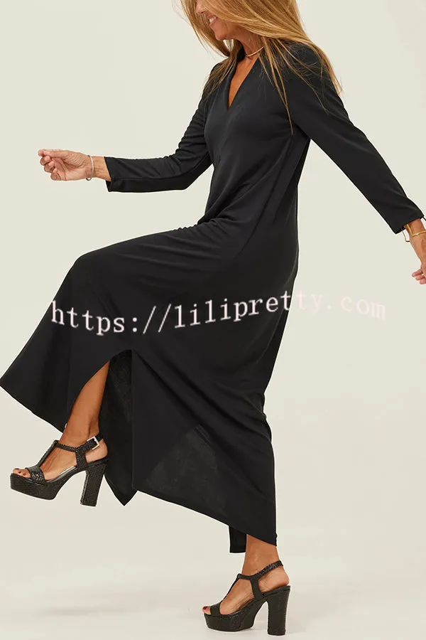 Solid Color V-neck Casual Slit Maxi Dress