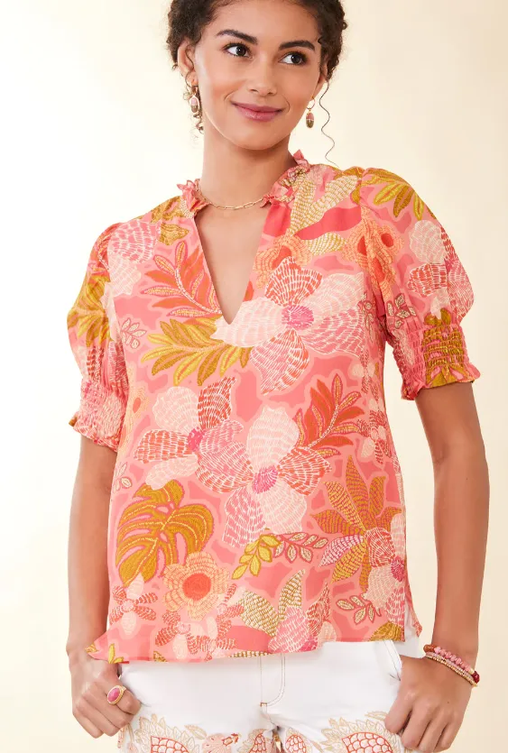 Spartina 449 Eirene Blouse Callawassie Flowers Pink - FINAL SALE