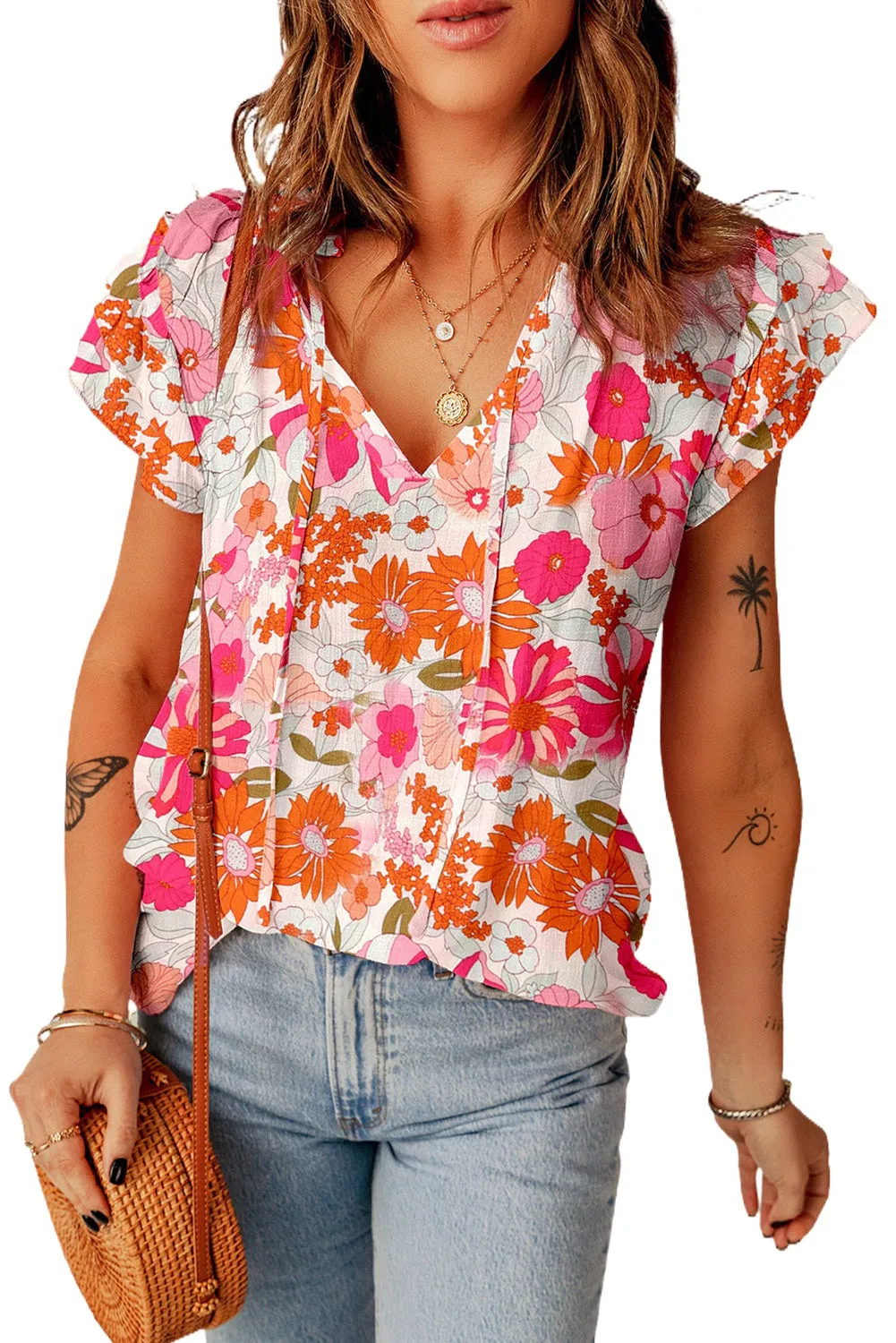Split Ruffle Sleeve Floral Blouse