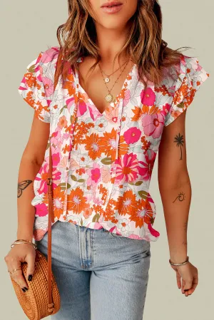 Split Ruffle Sleeve Floral Blouse