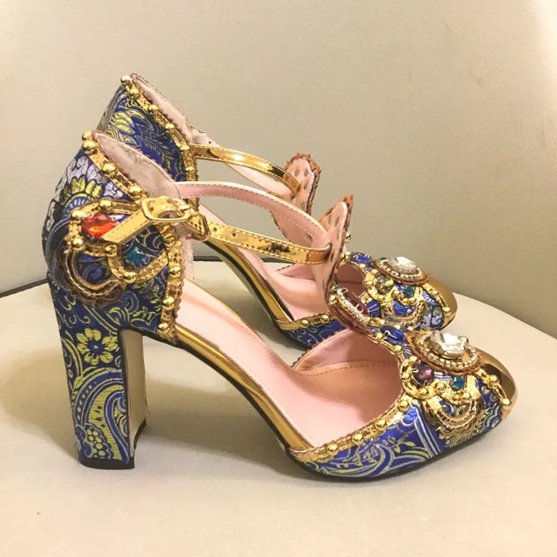 Spring Summer Rhinestone Shoes Women Embroidery Flower Jewelled Diamond High Heels Pumps Bridal Crystal Metal Wedding Shoes